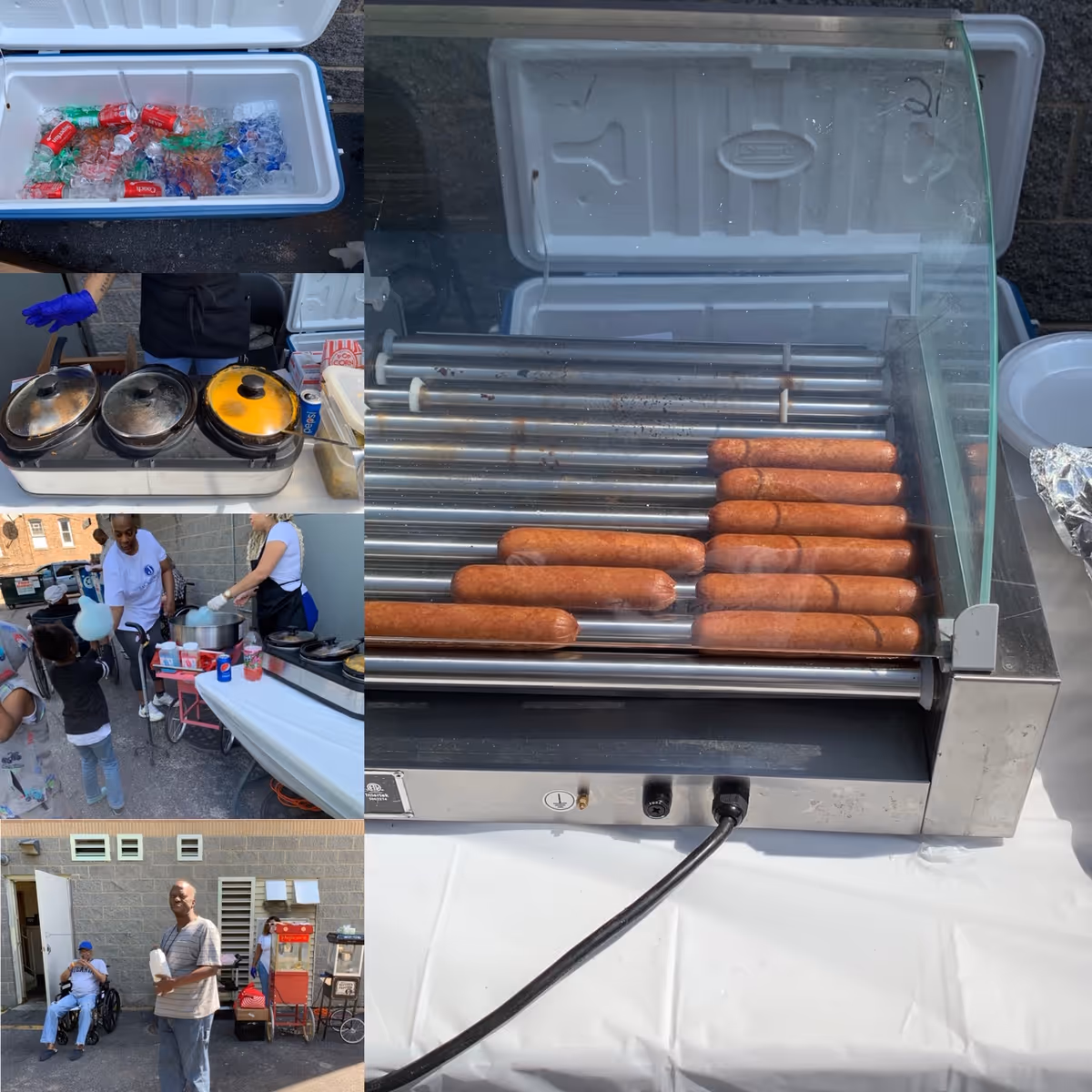 A collage of images showing an outdoor food setup. One image shows a roller grill with several hot dogs cooking inside a glass cover. Another image shows three covered food warmers on a table. There is a cooler filled with ice and bottled drinks including Coca-Cola and water. People are serving food and cotton candy to children outside near a brick building. Another image shows two men, one sitting in a wheelchair and the other standing holding a milk jug, near a popcorn machine and other food equipment.