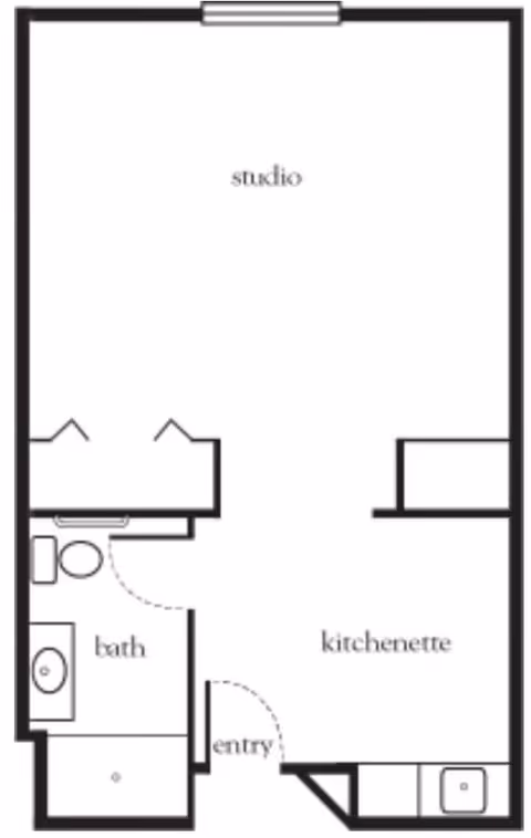Floor plan of a studio apartment with labeled areas including studio, bath, kitchenette, and entry.
