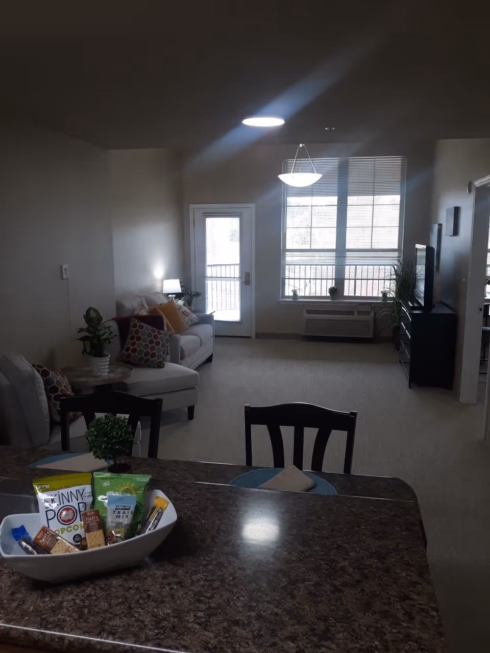 A well-lit living room with a large window and a glass door leading outside. The room has a beige carpet and neutral-colored walls. There is a sofa with colorful cushions, a side table with a lamp, and a TV on a stand. In the foreground, there is a kitchen counter with a bowl containing snacks and a small plant. Two chairs are positioned at the counter.
