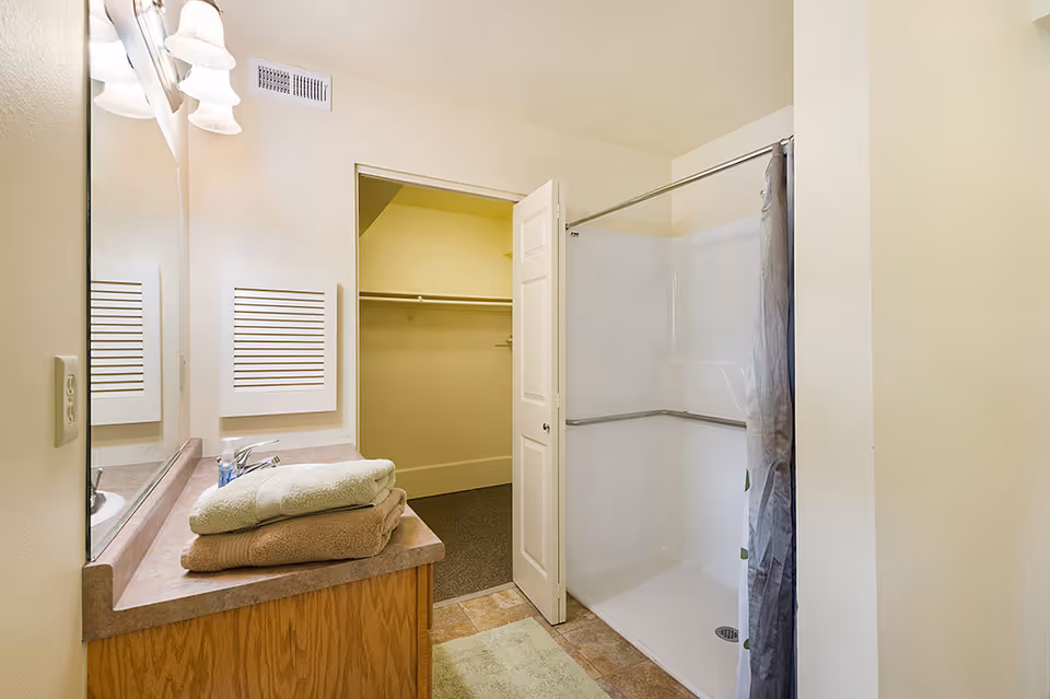 Bathroom featuring a vanity with folded towels and mirror, a walk-in shower with curtain, and an open door leading to a closet.