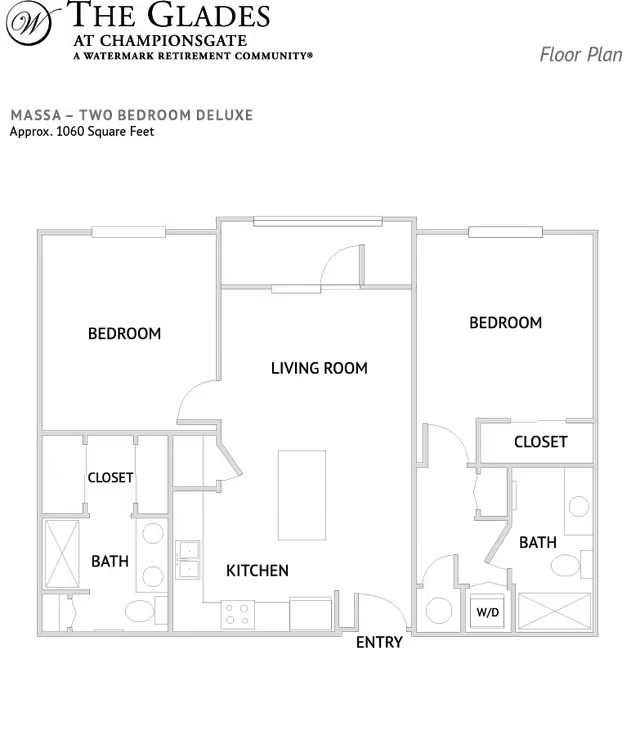 White-on-black schematic floor plan labeled 'MASSA - TWO BEDROOM DELUXE' with room outlines and the words 'Floor Plan' in the corner.