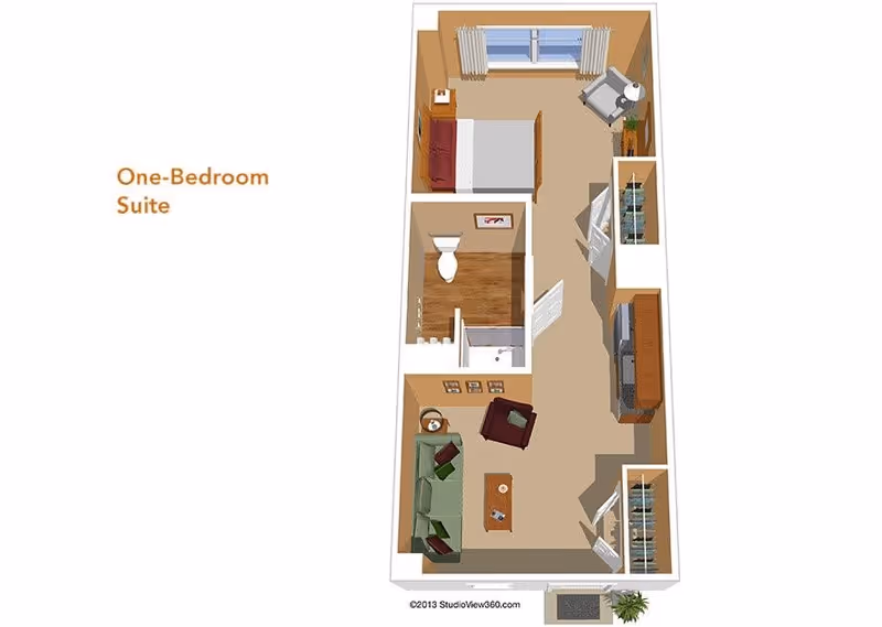 3D floor plan of a one-bedroom suite showing a living room with a sofa, armchair, coffee table, and TV, a bathroom with a toilet and shower, and a bedroom with a bed, nightstand, and armchair near a window.