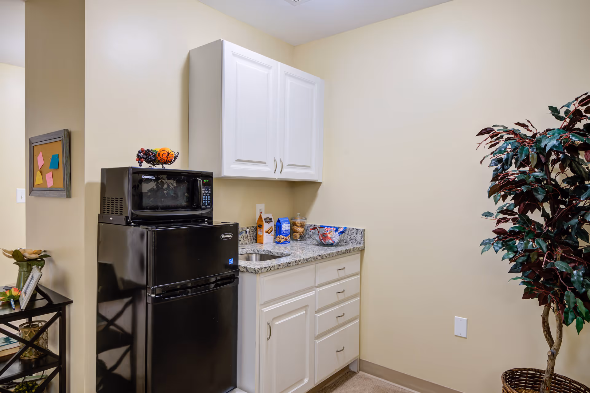 Small kitchenette with a black mini-fridge and microwave, white cabinets, granite countertop with a sink and snacks, and a potted plant.