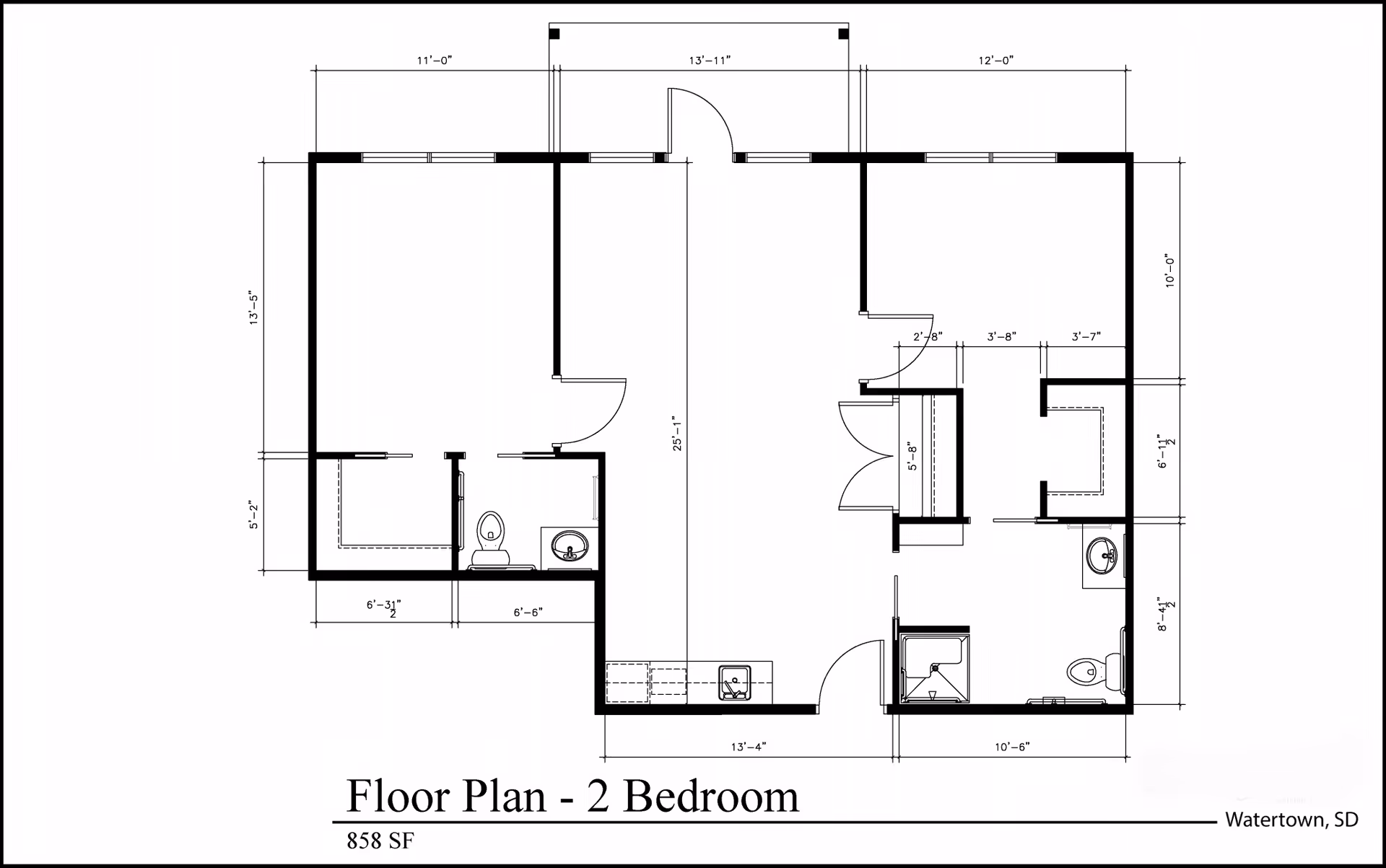 Architectural floor plan of a two-bedroom assisted living unit with dimensions, showing layout of rooms including two bedrooms, two bathrooms, kitchen, and living area. The total area is 858 square feet.