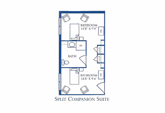 Floor plan of a split companion suite showing two bedrooms each measuring 14'8" by 9'4", a shared bathroom in the center, closets, and furniture layout including beds and chairs.
