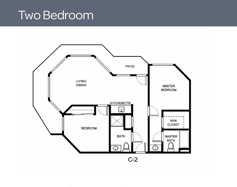 Architectural floor plan of a two-bedroom unit at Holiday Palmer Hills, showing a living/dining area, kitchenette, bedroom, master bedroom with walk-in closet, master bath, bath, and a patio.