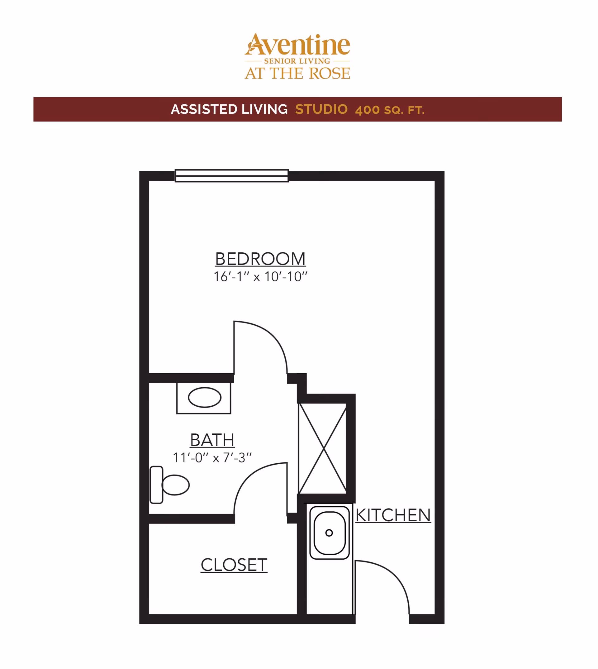 Floor plan of a studio assisted living unit showing a bedroom measuring 16 feet 1 inch by 10 feet 10 inches, a bathroom measuring 11 feet by 7 feet 3 inches, a closet, and a kitchen area. The layout includes doors and fixtures such as a toilet and sink.