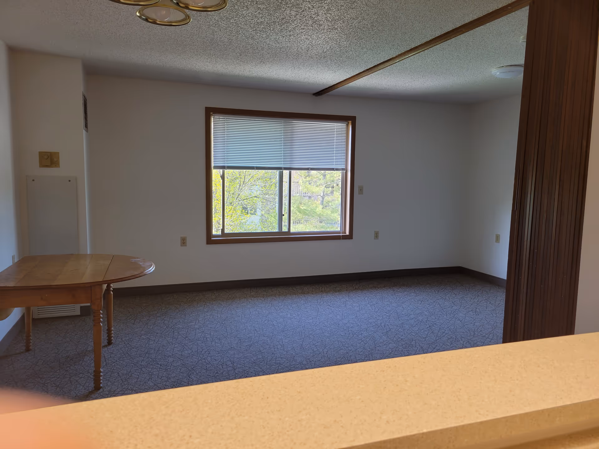 An empty room with a large window featuring closed blinds, a wooden table with turned legs on the left side, beige carpet with a subtle pattern, white walls, and a textured ceiling. A wooden partition is partially visible on the right side, and a beige countertop is in the foreground.