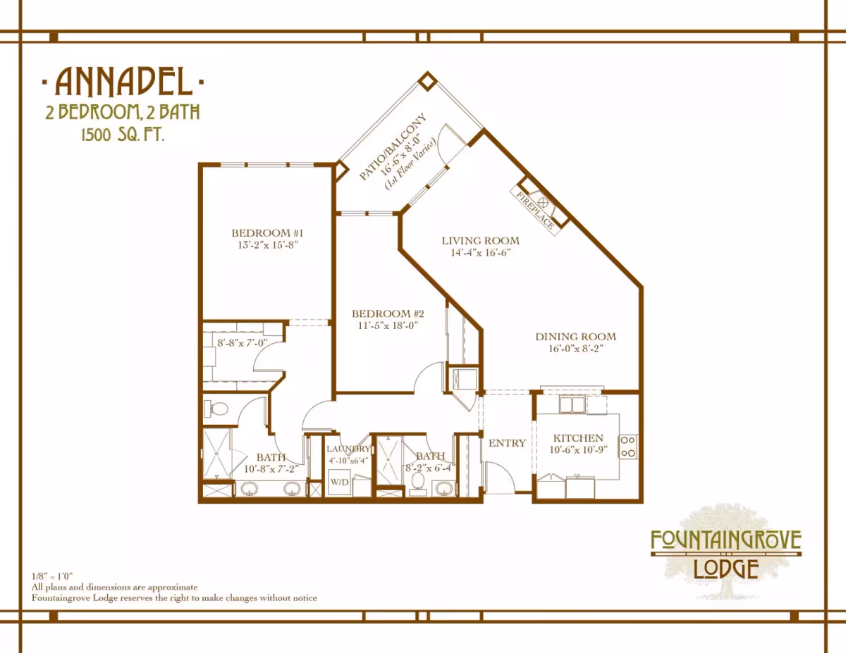Floor plan of Annadel unit at Fountaingrove Lodge, showing 2 bedrooms and 2 bathrooms with a total area of 1500 square feet. The layout includes Bedroom #1 measuring 13 feet 2 inches by 15 feet 8 inches, Bedroom #2 measuring 11 feet 5 inches by 18 feet, a living room with fireplace measuring 14 feet 4 inches by 16 feet 6 inches, a dining room measuring 16 feet by 8 feet 2 inches, a kitchen measuring 10 feet 6 inches by 10 feet 9 inches, two bathrooms, a laundry area with washer/dryer, an entryway, and a patio/balcony measuring 16 feet 6 inches by 8 feet.