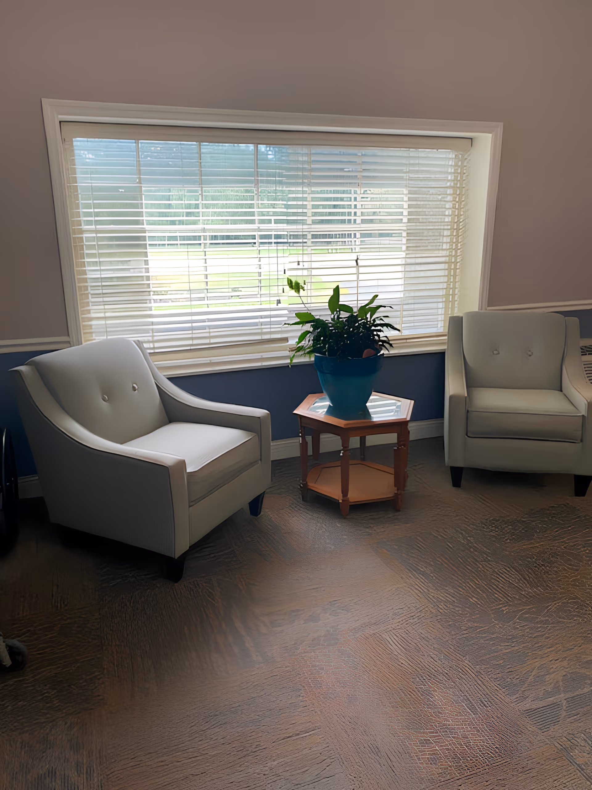 Two upholstered armchairs flanking a small wooden side table with a potted plant in front of a large window with blinds.