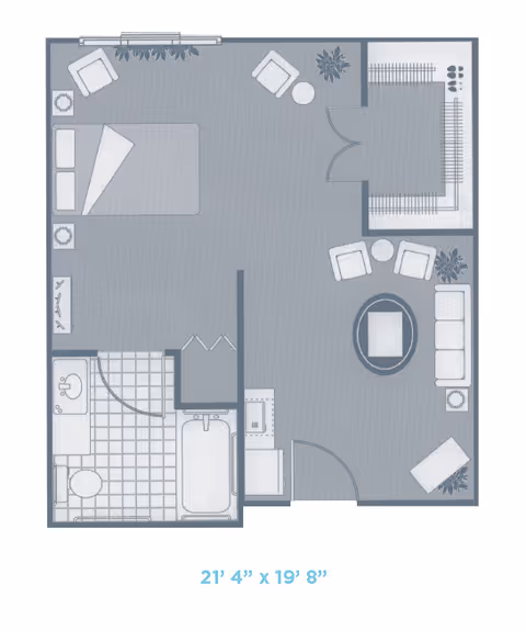Grayscale top-down floor plan of a studio apartment showing a bedroom area, living area, bathroom, closet, and entry with dimensions 21 feet 4 inches by 19 feet 8 inches.