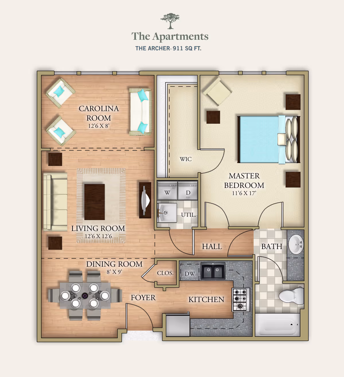 Floor plan of The Archer apartment at The Cypress of Hilton Head, showing a layout with a Carolina room, living room, dining room, kitchen, master bedroom, bathroom, hall, foyer, closet, utility area with washer and dryer, and walk-in closet.