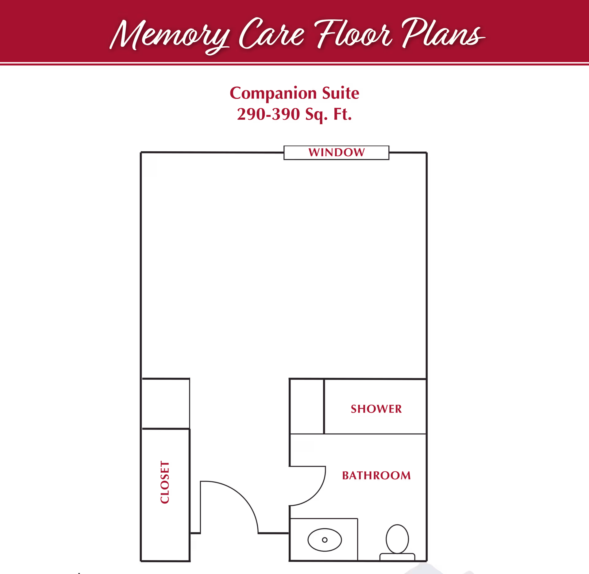Floor plan of a memory care companion suite at Cascades of Grass Valley, showing a layout with a closet, bathroom with shower, and a window. The suite size ranges from 290 to 390 square feet.