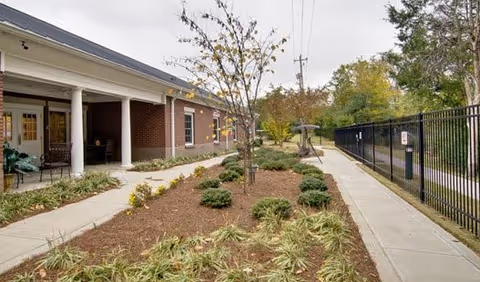 Outdoor walkway alongside a brick building with white columns, landscaped garden beds with small shrubs and a tree, and a black metal fence on the right side.