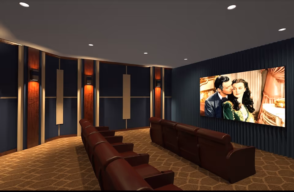 A cozy home theater room with two rows of brown leather recliner seats facing a large screen displaying a classic movie scene. The walls are decorated with dark blue panels and wooden accents, and the floor is carpeted with a patterned design. Recessed ceiling lights illuminate the room.