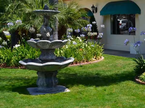 A stone fountain sits amid a manicured lawn and flowering shrubs beside a building.