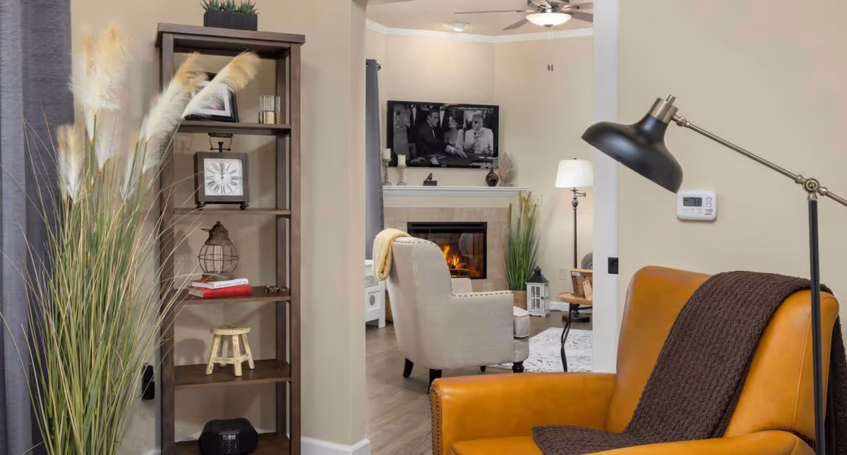 Cozy living room area with a tan leather armchair draped with a dark brown knitted blanket, a black adjustable floor lamp, and a wooden shelf decorated with plants, books, a clock, and decorative items. In the background, there is a beige armchair facing a lit fireplace with a TV mounted above it, and a floor lamp beside the armchair.