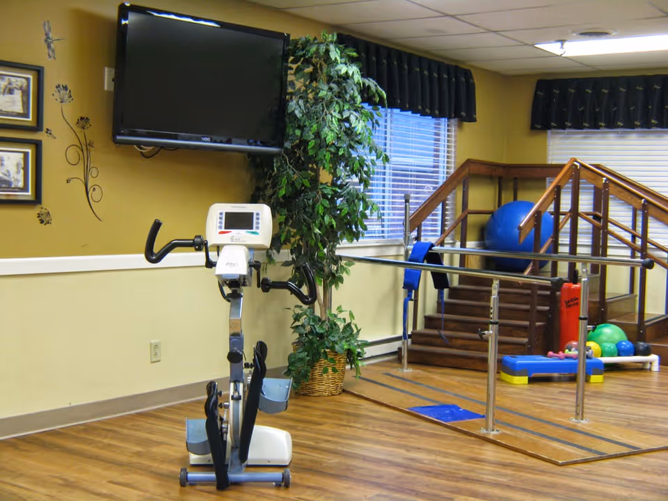 A small exercise room with a stationary bike, parallel bars for walking support, a set of stairs with handrails, exercise balls, and other physical therapy equipment. The room has wood flooring, yellow walls, two windows with dark valances, a mounted flat-screen TV, and a potted plant in the corner.