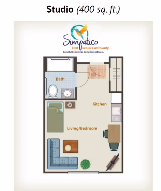 Floor plan of a 400 square foot studio apartment at Simpatico East Senior Community, showing a combined living and bedroom area with a bed, sofa, coffee table, and TV, a kitchen area with a dining table and chairs, and a bathroom with a toilet and sink.