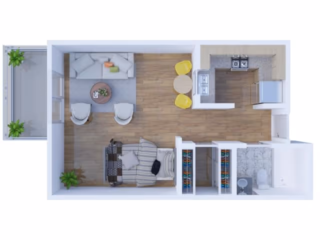 Top-down view of a small apartment floor plan featuring a living area with a sofa, two chairs, and a coffee table, a bedroom area with a bed and nightstand, a kitchen with appliances and a small dining table with two yellow chairs, a bathroom with a bathtub and toilet, and a small balcony with plants.