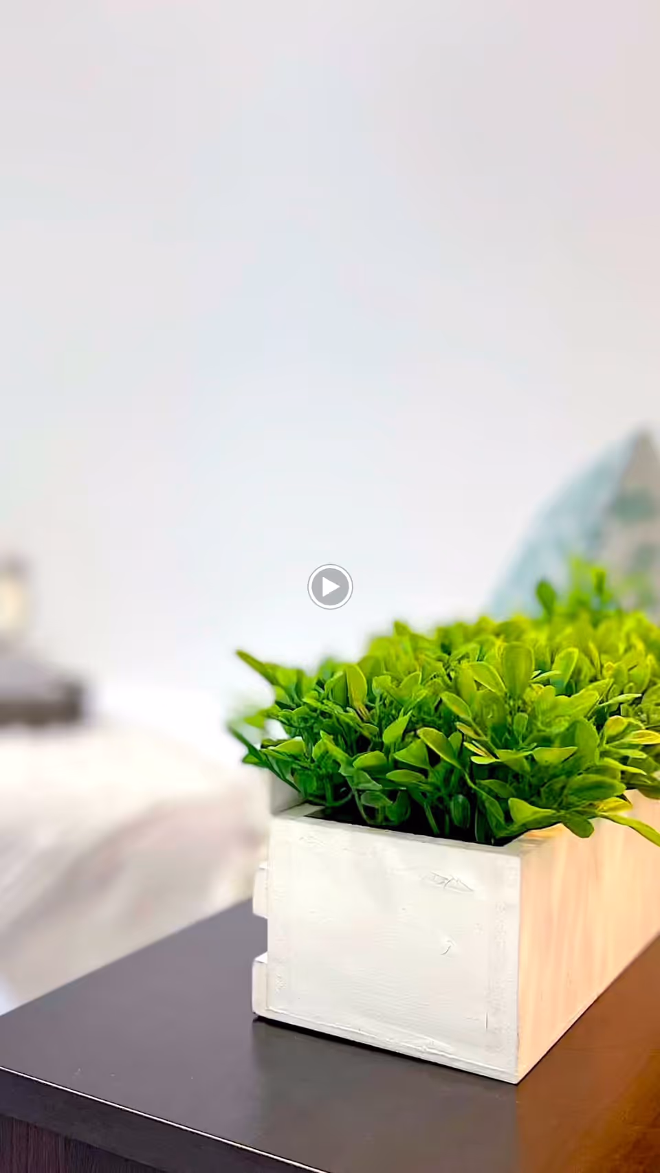 Close-up of a white rectangular planter box filled with green leafy plants placed on a dark wooden surface, with a blurred background showing part of a bed and a pillow.