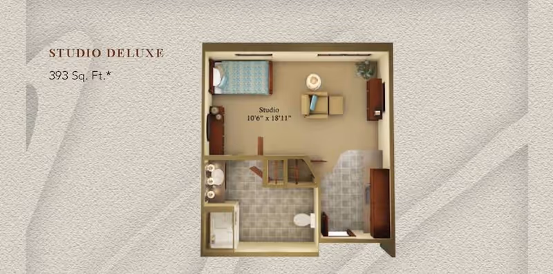 Floor plan of a studio deluxe apartment with a total area of 393 square feet. The layout includes a combined living and sleeping area with a bed, chair, and TV stand. There is a bathroom with a shower, toilet, and sink, and a small entry area with cabinetry.
