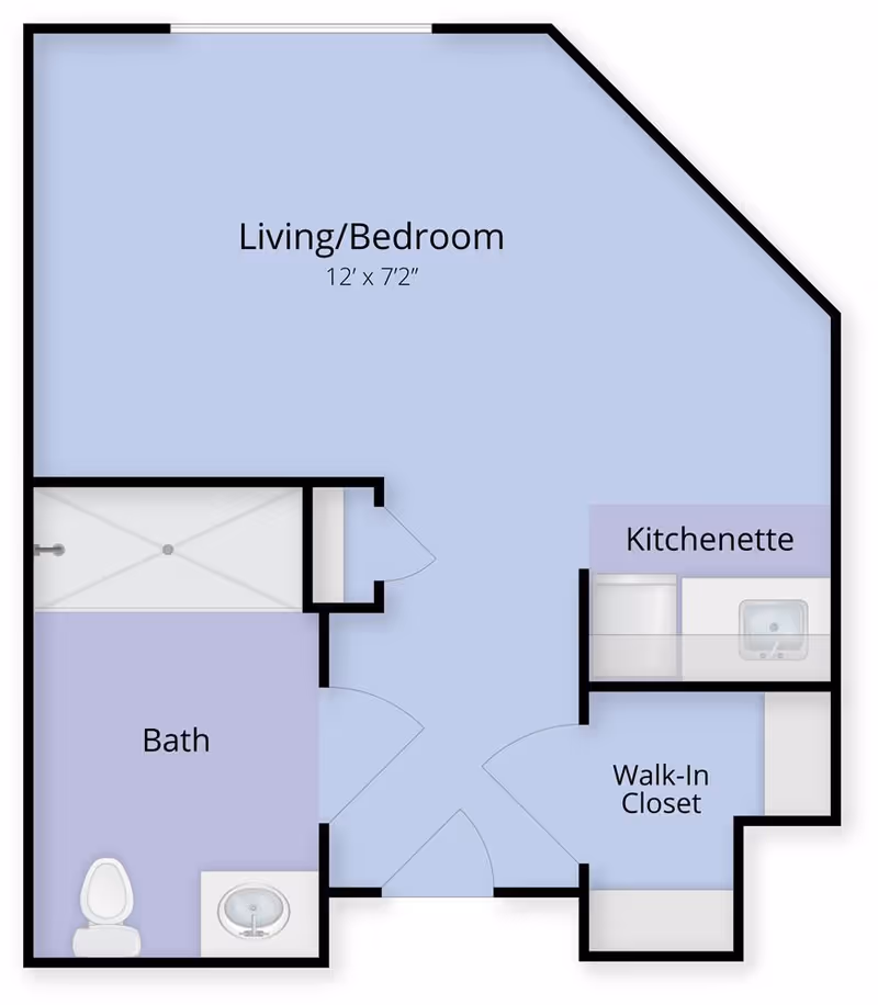 Floor plan of a studio unit showing a combined living/bedroom, bath, kitchenette, and walk-in closet.