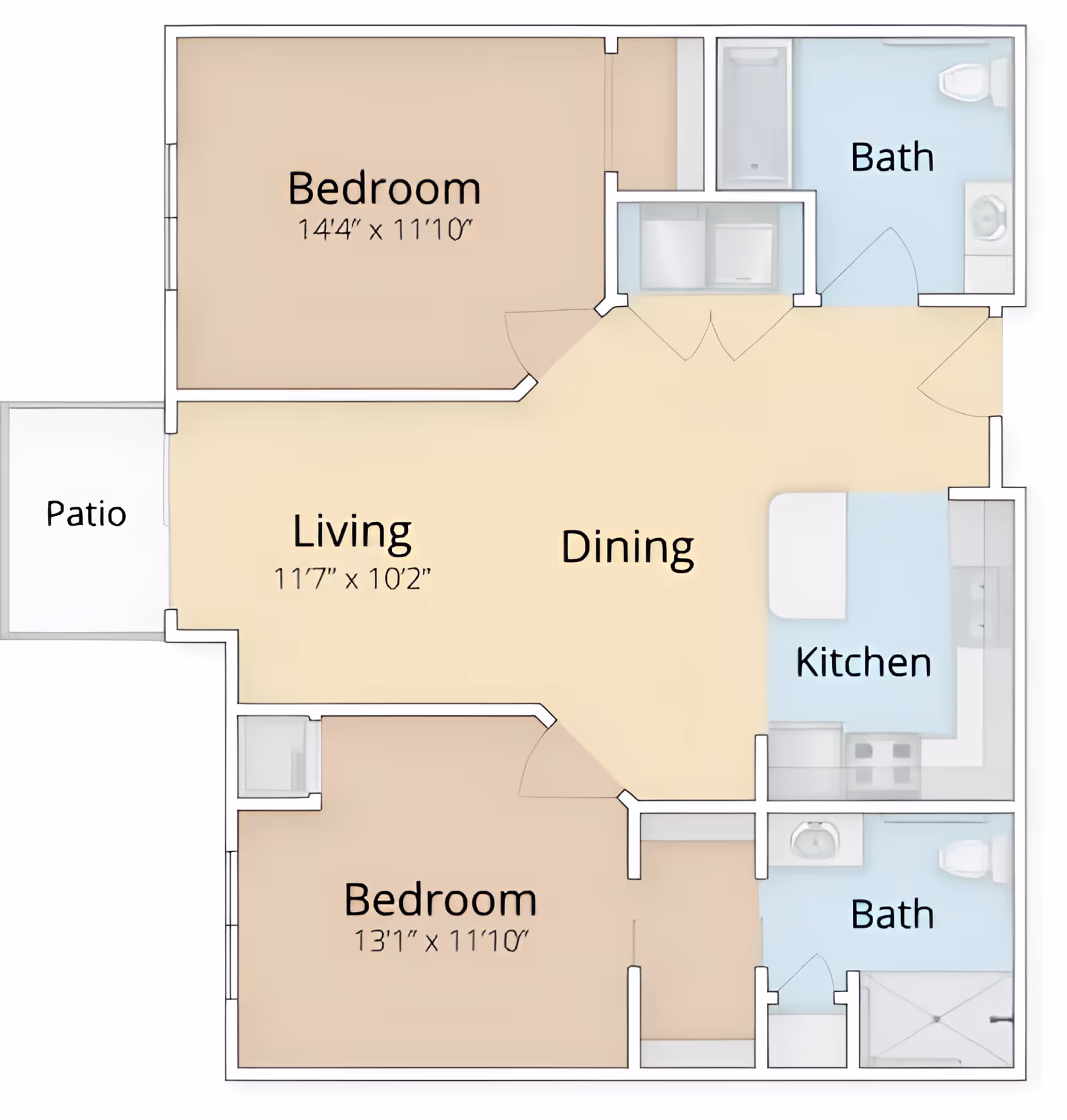 Floor plan of a senior living apartment at New Perspective Senior Living | Woodbury showing two bedrooms, two bathrooms, a combined living and dining area, a kitchen, and a patio.