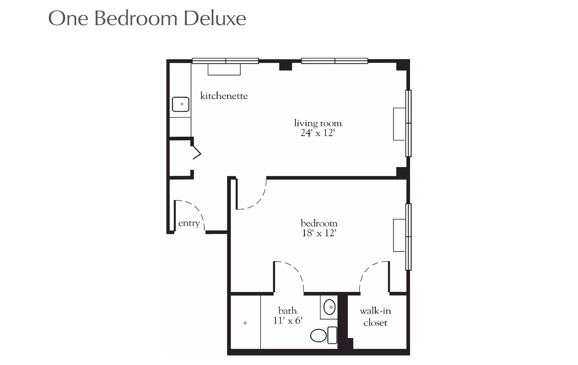 Floor plan of a one bedroom deluxe apartment showing an entry, kitchenette, living room measuring 24 feet by 12 feet, bedroom measuring 18 feet by 12 feet, bathroom measuring 11 feet by 6 feet, and a walk-in closet.