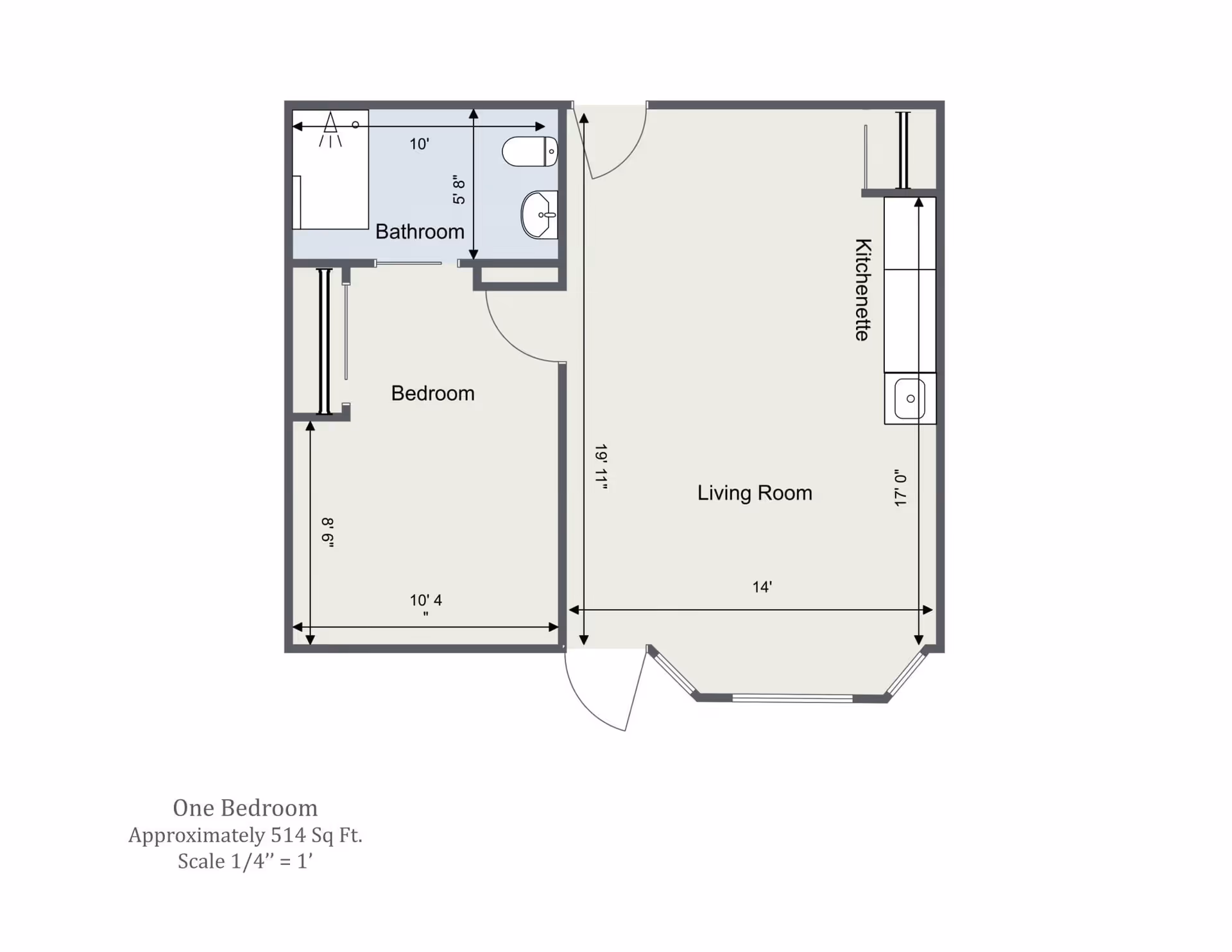Floor plan of a one-bedroom assisted living unit at Forest Grove Beehive Assisted Living, showing a bedroom, bathroom, living room, and kitchenette with dimensions and scale.