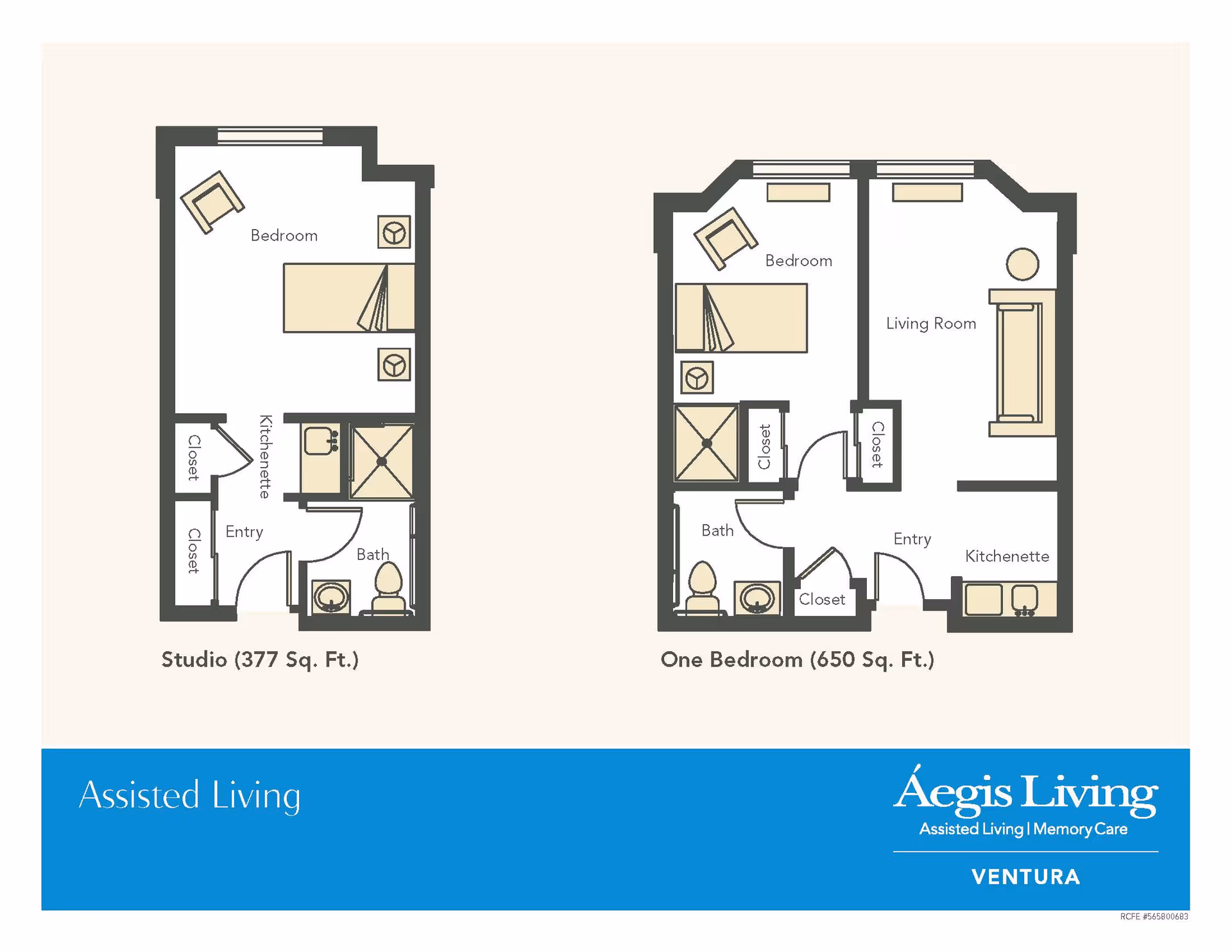 Floor plans for assisted living units at Aegis Living Ventura showing a studio layout of 377 square feet with a bedroom, kitchenette, bath, entry, and closets, and a one-bedroom layout of 650 square feet with a bedroom, living room, kitchenette, bath, entry, and closets.