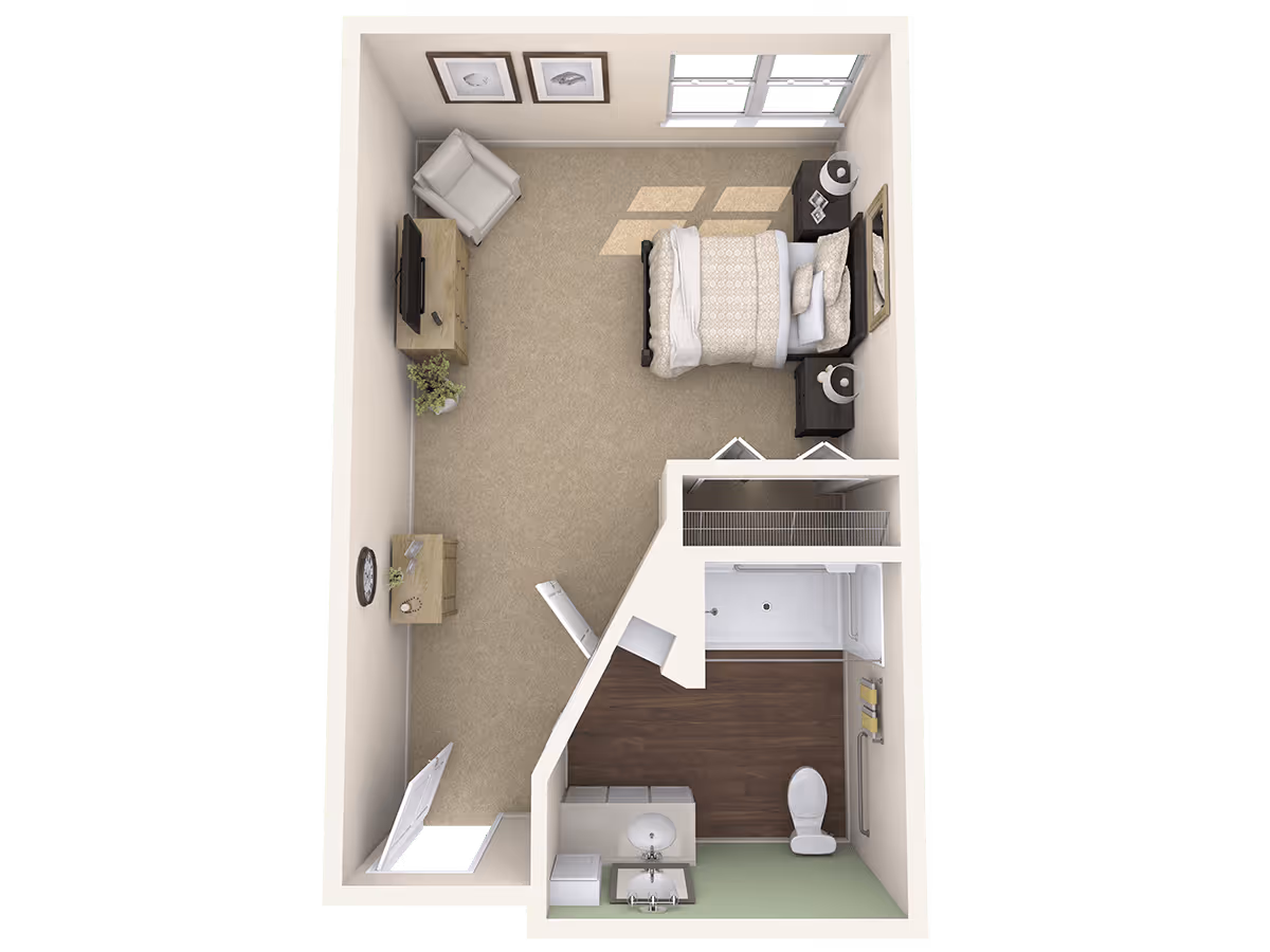 Top-down view of a senior living facility studio apartment floor plan featuring a bedroom area with a bed, two nightstands with lamps, a TV on a stand, an armchair, a small desk, and a bathroom with a shower, toilet, and sink.