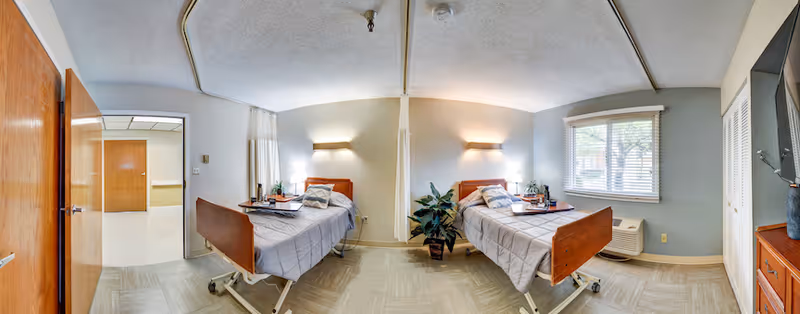 Shared patient bedroom with two hospital-style beds separated by a privacy curtain, bedside tables, a window, plants, and soft wall lighting.