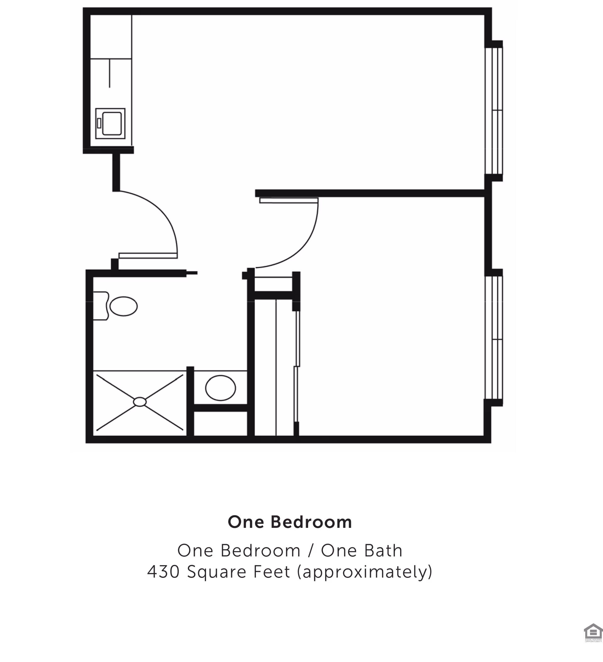 Black-and-white floor plan of a one-bedroom, one-bath apartment labeled approximately 430 square feet.