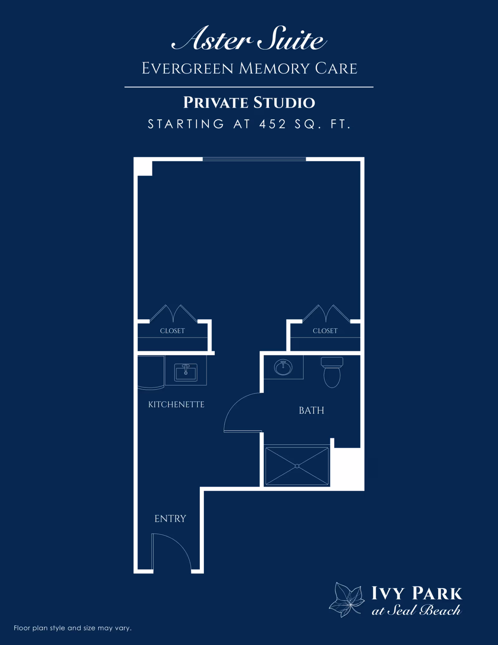 Blueprint-style floor plan for the Aster Suite private studio showing entry, kitchenette, bath, closets and open living area.