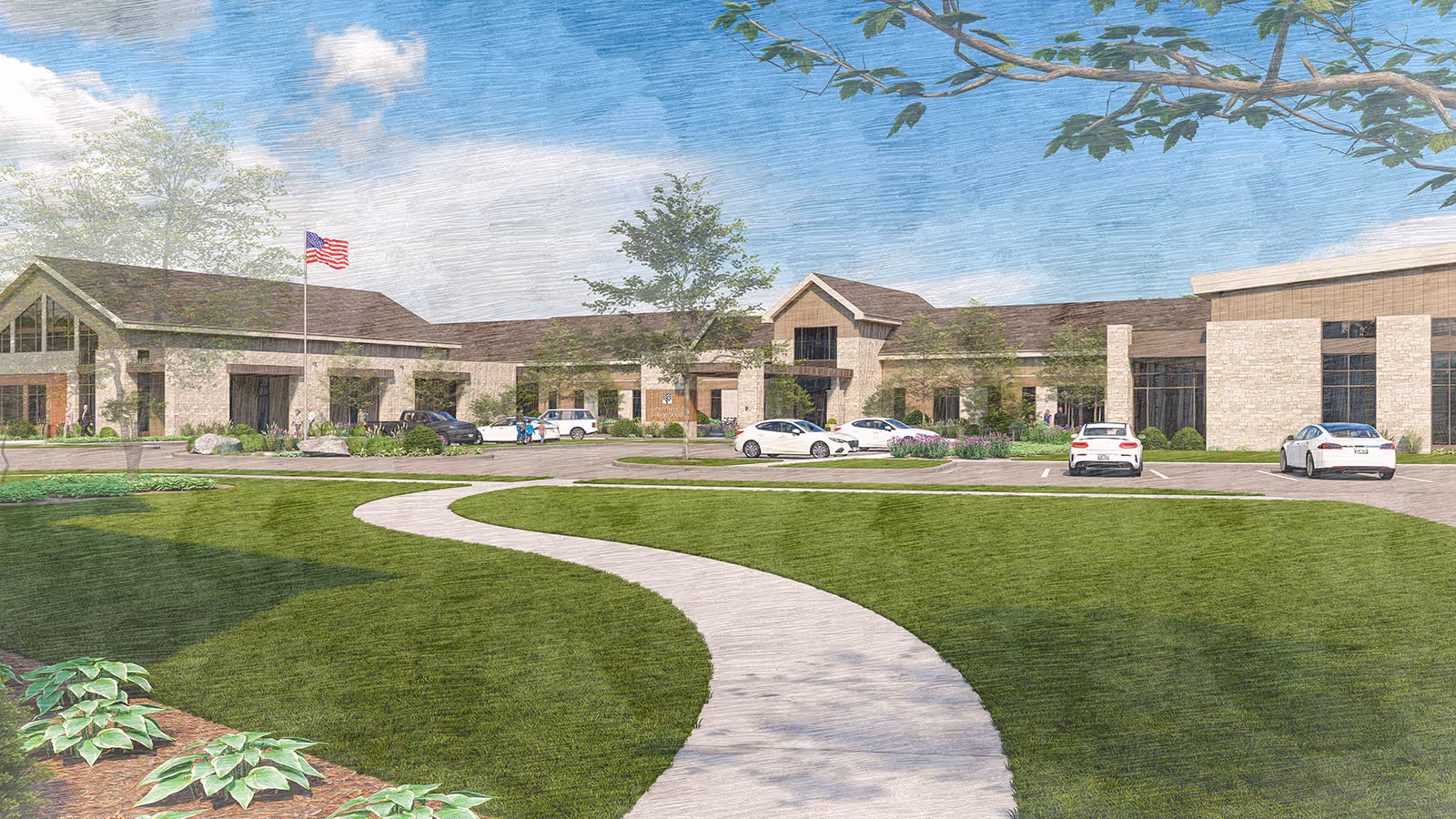 Front exterior of Greenwood Village South with a curved walkway, lawn, parked cars, and an American flag.