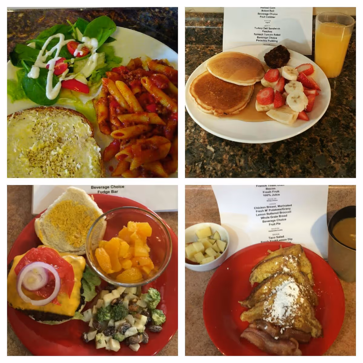 A collage of four plates of food on a granite countertop, each with a menu sheet behind it. Top left plate has a salad with ranch dressing, buttered bread, and pasta with meat sauce. Top right plate has two pancakes, a sausage patty, sliced strawberries and bananas, and a glass of orange juice. Bottom left plate has a cheeseburger with lettuce, tomato, and onion, a hard-boiled egg half, a small bowl of mandarin oranges, and a broccoli salad. Bottom right plate has French toast with powdered sugar, bacon, a small bowl of diced fruit, and a cup of coffee.
