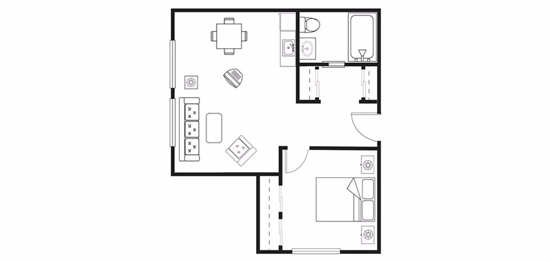 Black-and-white floor plan of a one-bedroom apartment showing a living/dining area, kitchen, bathroom, and bedroom with furniture layout.