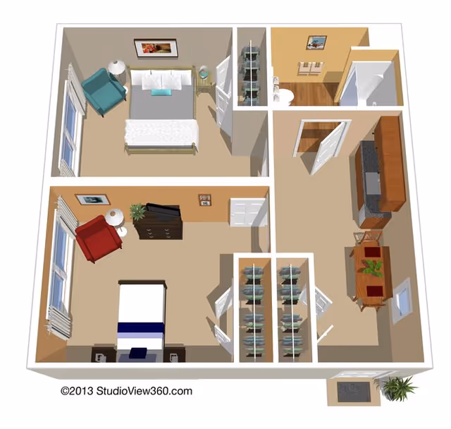 3D floor plan of a residential unit showing two bedrooms, a bathroom, a kitchen with dining area, and closets. The top bedroom has a bed, nightstand, lamp, and armchair. The bottom bedroom has a bed, nightstand, lamp, armchair, and dresser with a TV. The bathroom includes a sink and shower. The kitchen has cabinets, a countertop, and a dining table with chairs. There are two closets between the bedrooms and kitchen area.