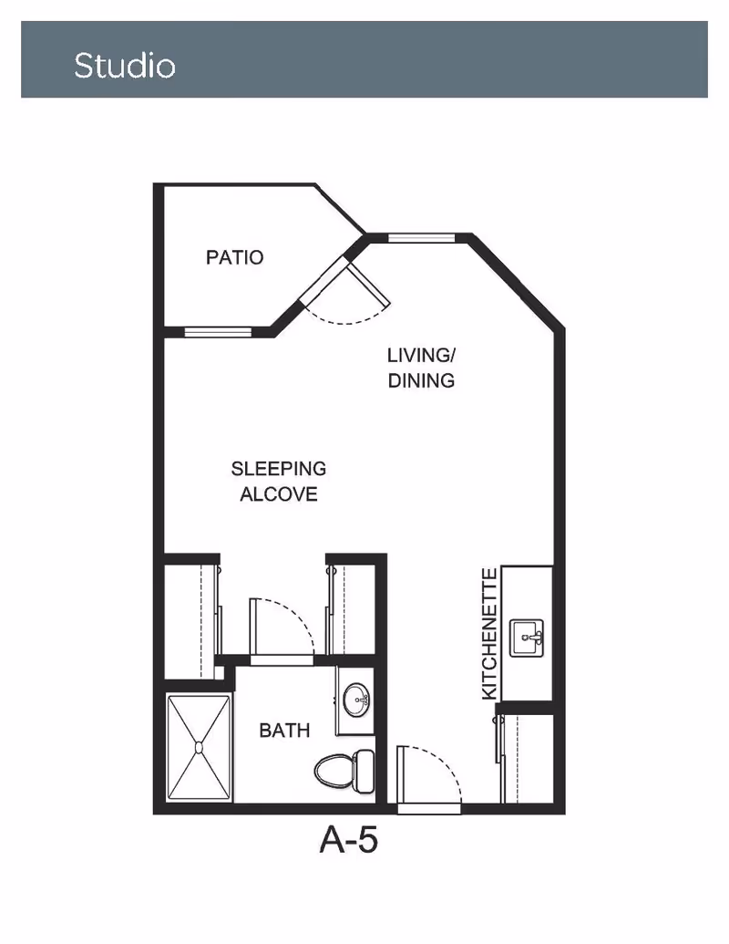Floor plan of a studio apartment labeled A-5, showing a patio, living/dining area, sleeping alcove, kitchenette, and bathroom with a shower, toilet, and sink.