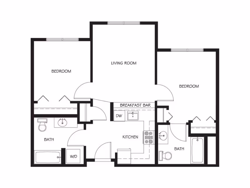 Black-and-white floor plan of a two-bedroom apartment showing a living room, kitchen with breakfast bar, two bedrooms, two bathrooms and a washer/dryer.