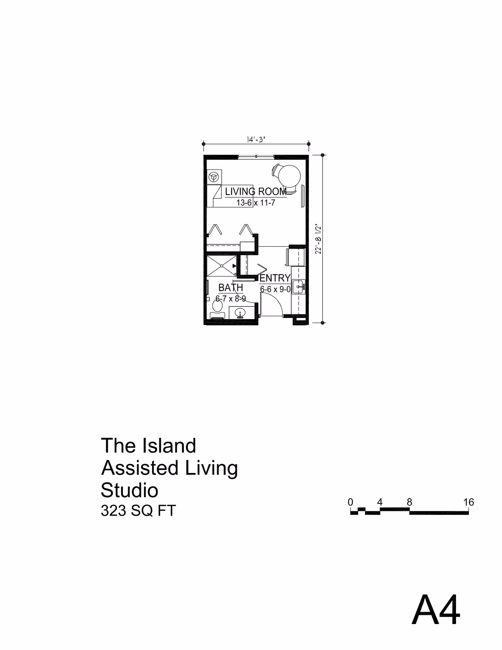 Architectural floor plan of a studio assisted living unit named The Island, showing a living room, bathroom, and entry area with dimensions and a scale bar.