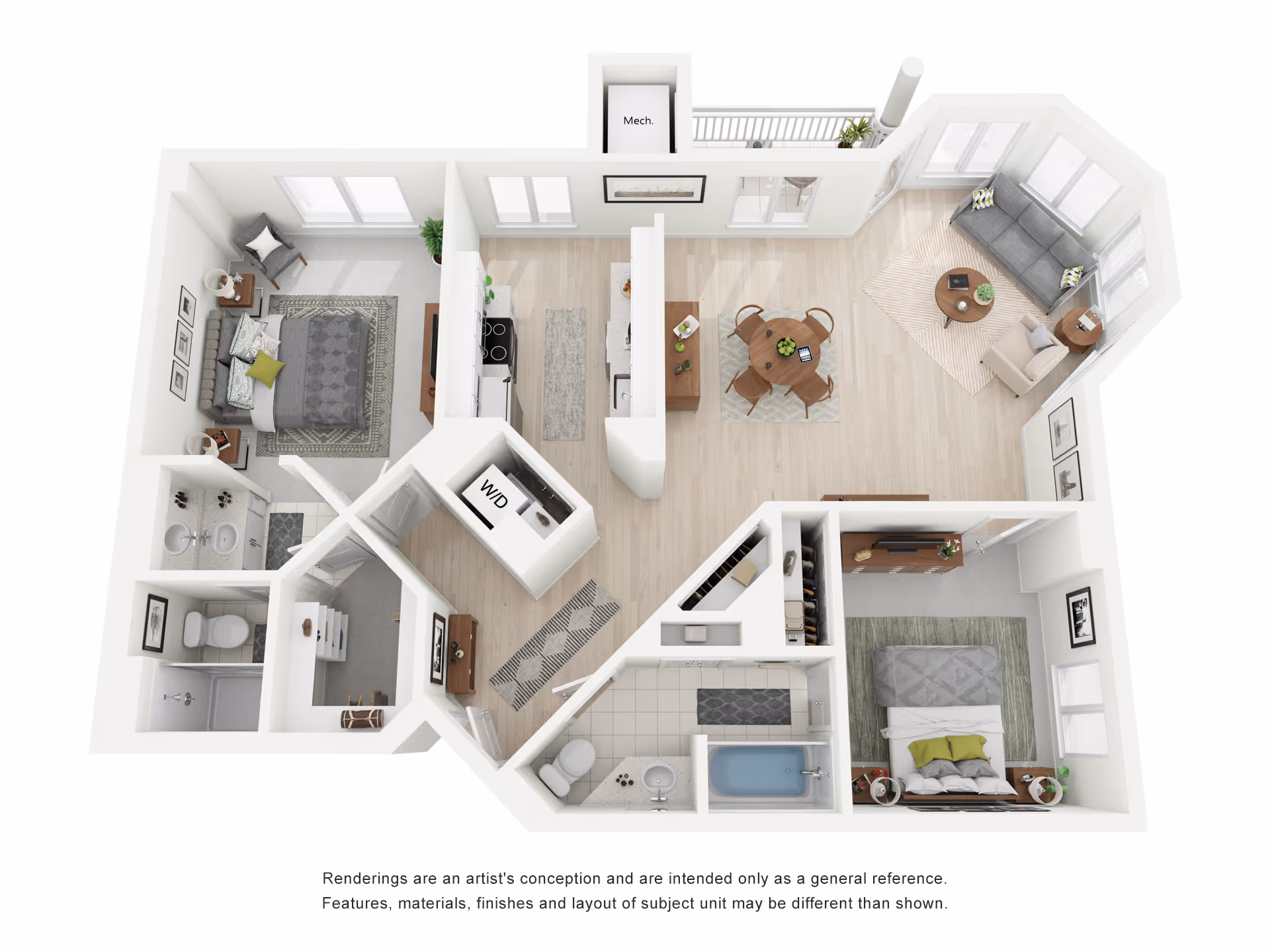 3D rendered two-bedroom apartment floor plan showing a living room, dining area, kitchen, two bathrooms, and a laundry closet.