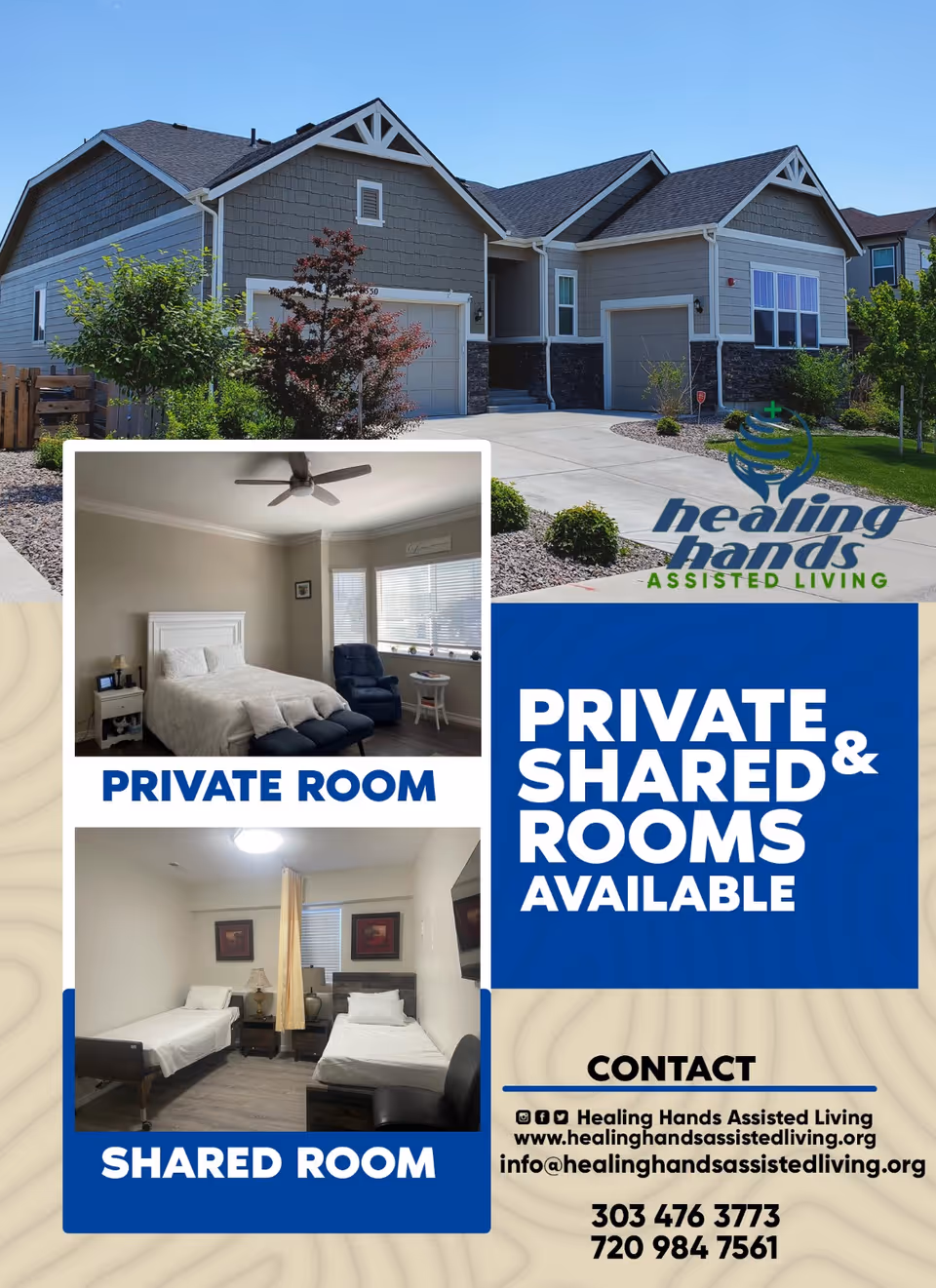 Exterior of a single-story assisted living home with inset photos of a private bedroom and a shared bedroom and promotional text for Healing Hands Assisted Living.