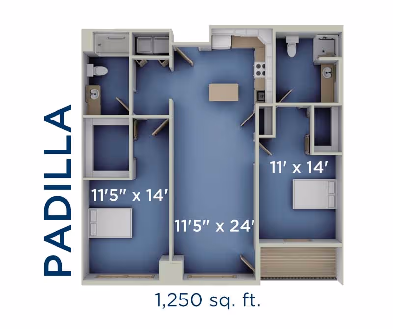 Floor plan layout of a Padilla apartment unit with two bedrooms, two bathrooms, a kitchen, and a living area. The dimensions of the rooms are labeled, with the left bedroom measuring 11'5" x 14', the living area 11'5" x 24', and the right bedroom 11' x 14'. The total area is 1,250 square feet.