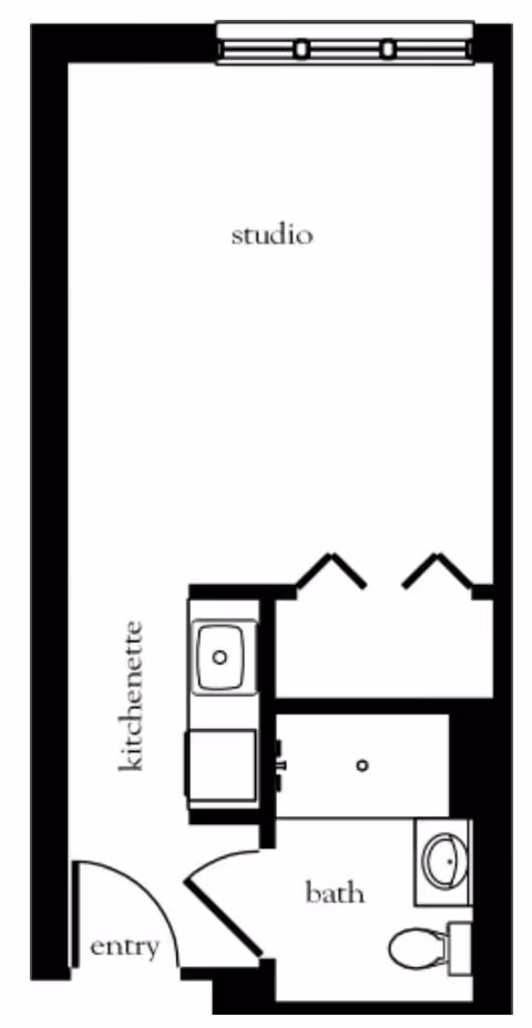 Floor plan of a studio apartment featuring an entryway leading to a kitchenette with a sink and stove, a bathroom with a toilet and sink, and a main studio living area with two closets.