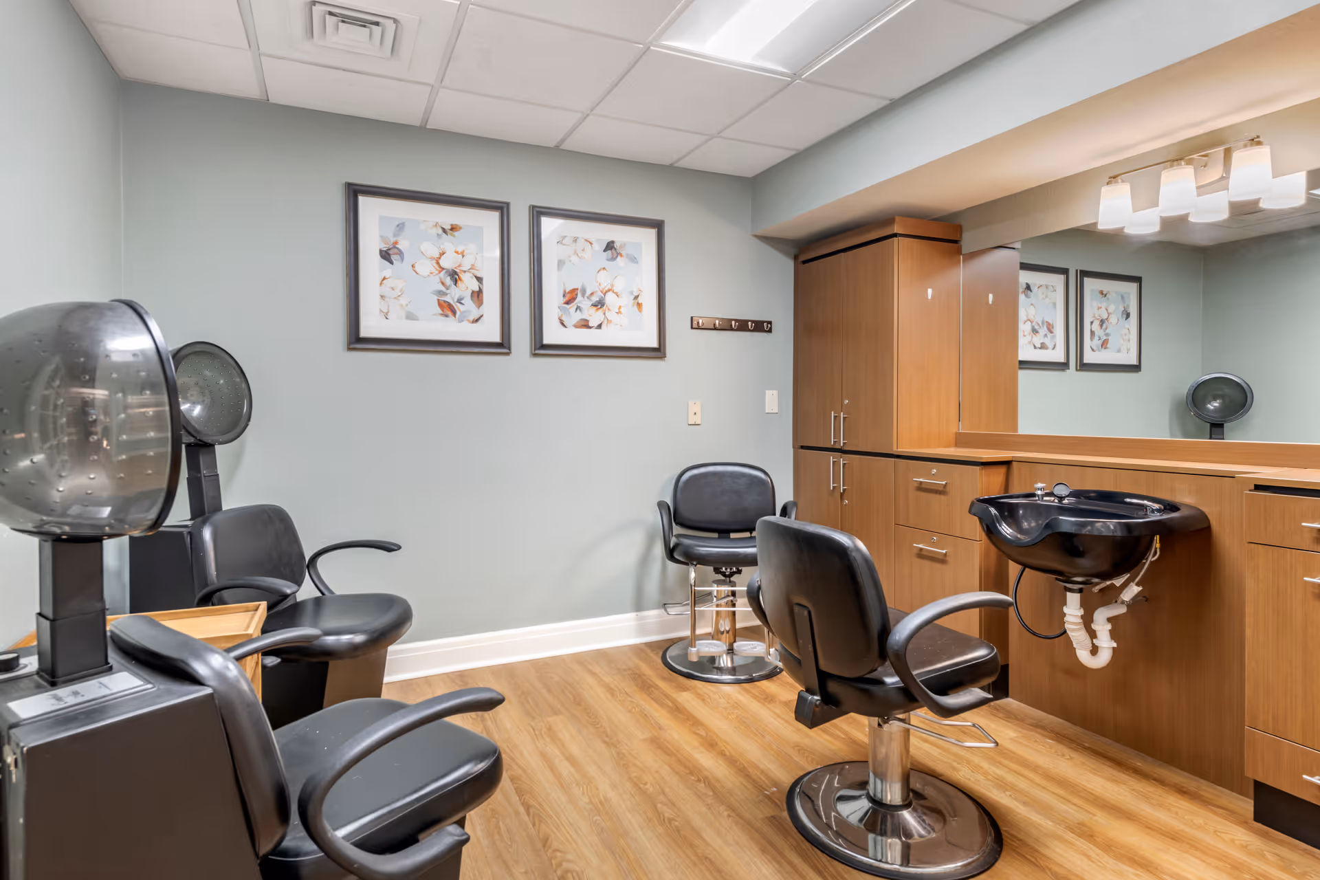 A small salon room with styling chairs, hooded dryers, a wash sink, wood cabinetry and framed artwork on the wall.