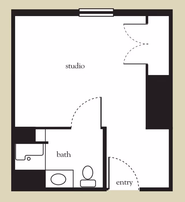 Floor plan of a studio apartment at Atria Briarcliff Manor showing an entry area, a combined studio living space, and a bathroom with a sink, toilet, and bathtub.