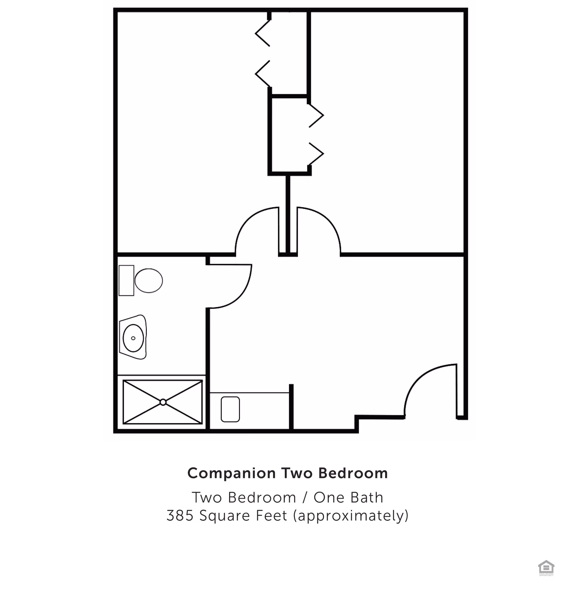 Black-and-white floor plan diagram showing a companion two-bedroom, one-bath apartment layout.