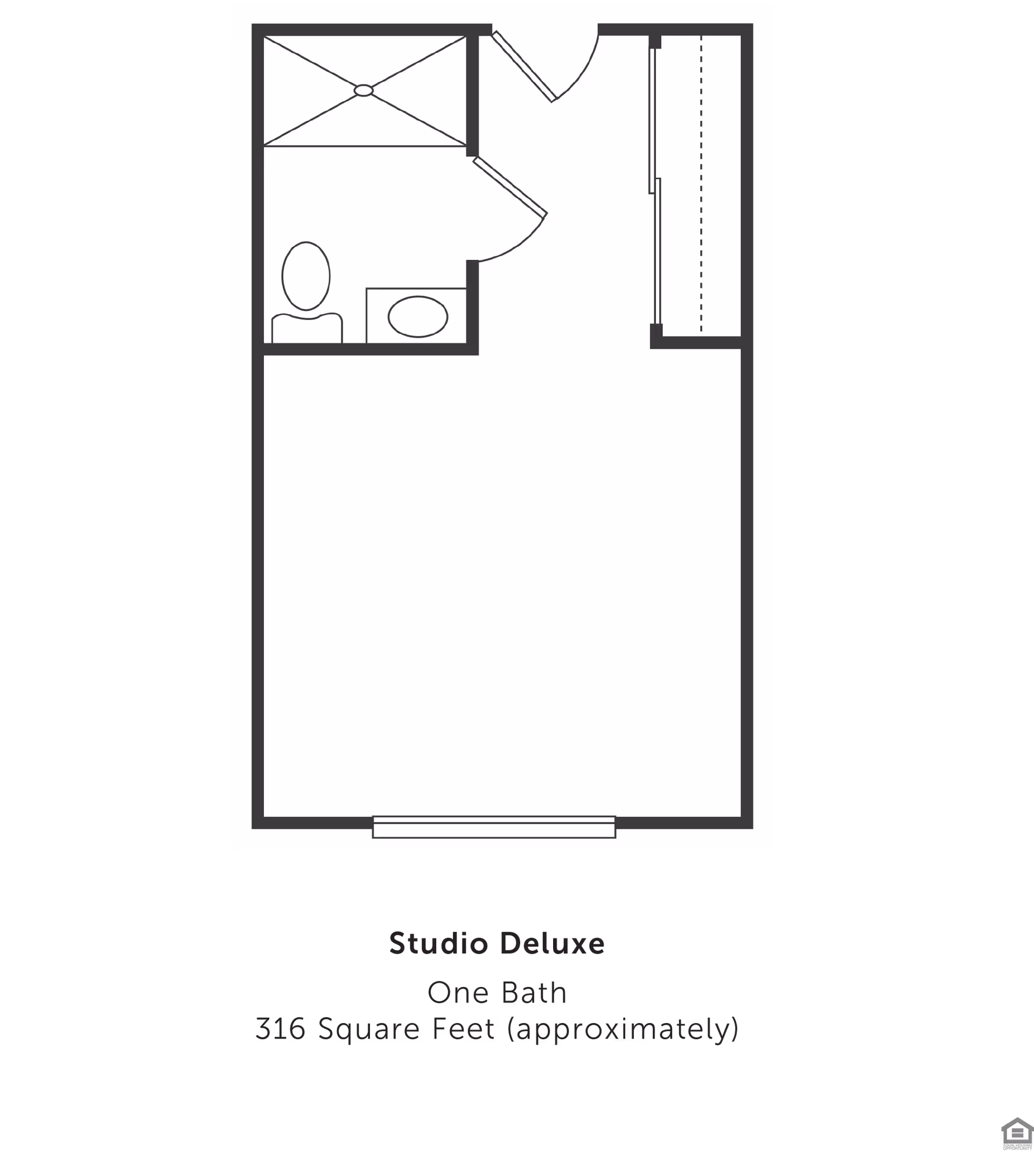 Floor plan of a Studio Deluxe apartment with one bathroom, approximately 316 square feet. The layout includes a bathroom with a shower, toilet, and sink, a closet near the entrance, and an open living/sleeping area.